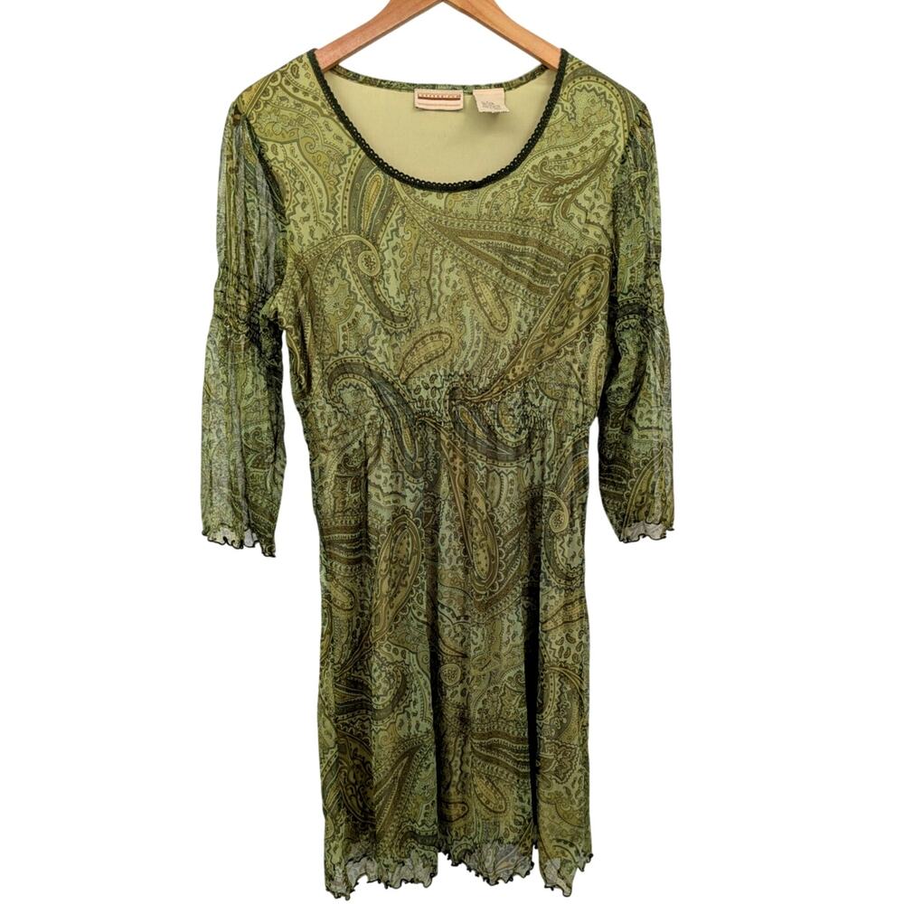 VTG Y2K Green Dress FairyCore Boho Ethereal Paisley Whimsical Witchy Bell Sleeve